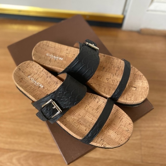 Coach New Women’s Size 9 Sunny Cut Snake Black Leather Cork Sandal Slides NIB - Picture 2 of 14